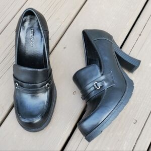 Vintage 90s y2k Bratz Black Faux Vegan Leather Horsebit Vamp Moc Toe Chunky Heel